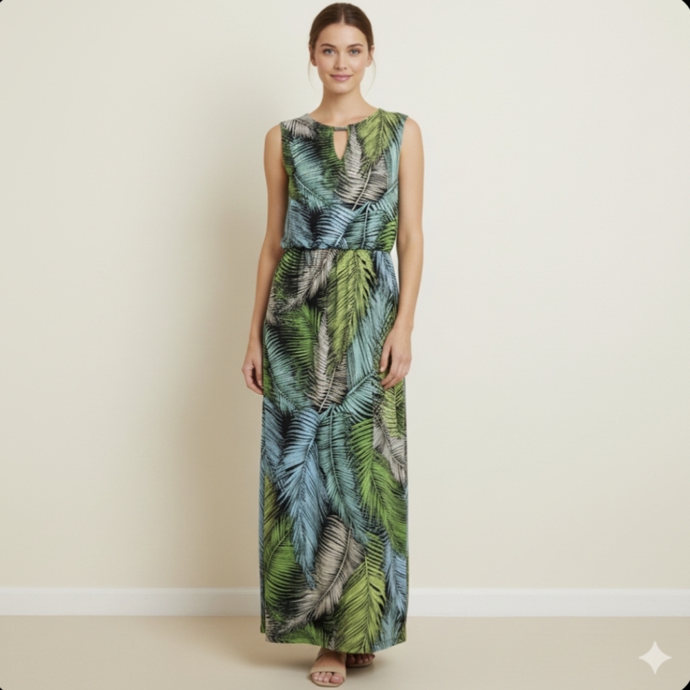 LONDON TIMES Maxi Dress Women 12 Tropical Palm Print Slit Travel Resort Vacation